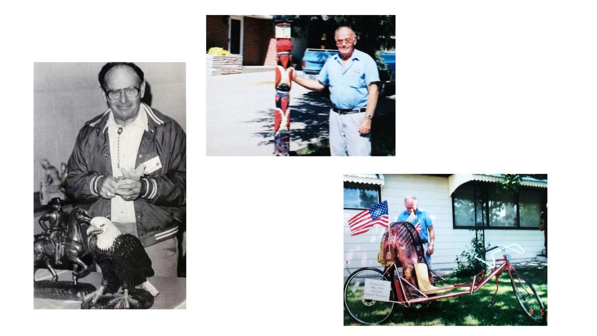 A collage of several portrait photographs of a man with a light skin tone and gray hair. In the black-and-white photo on the left, he is standing by a table with a sculpture of a man on a horse and a sculpture of an eagle. In the two color photographs on the right, he is standing near a totem pole and a bike outside of a house.