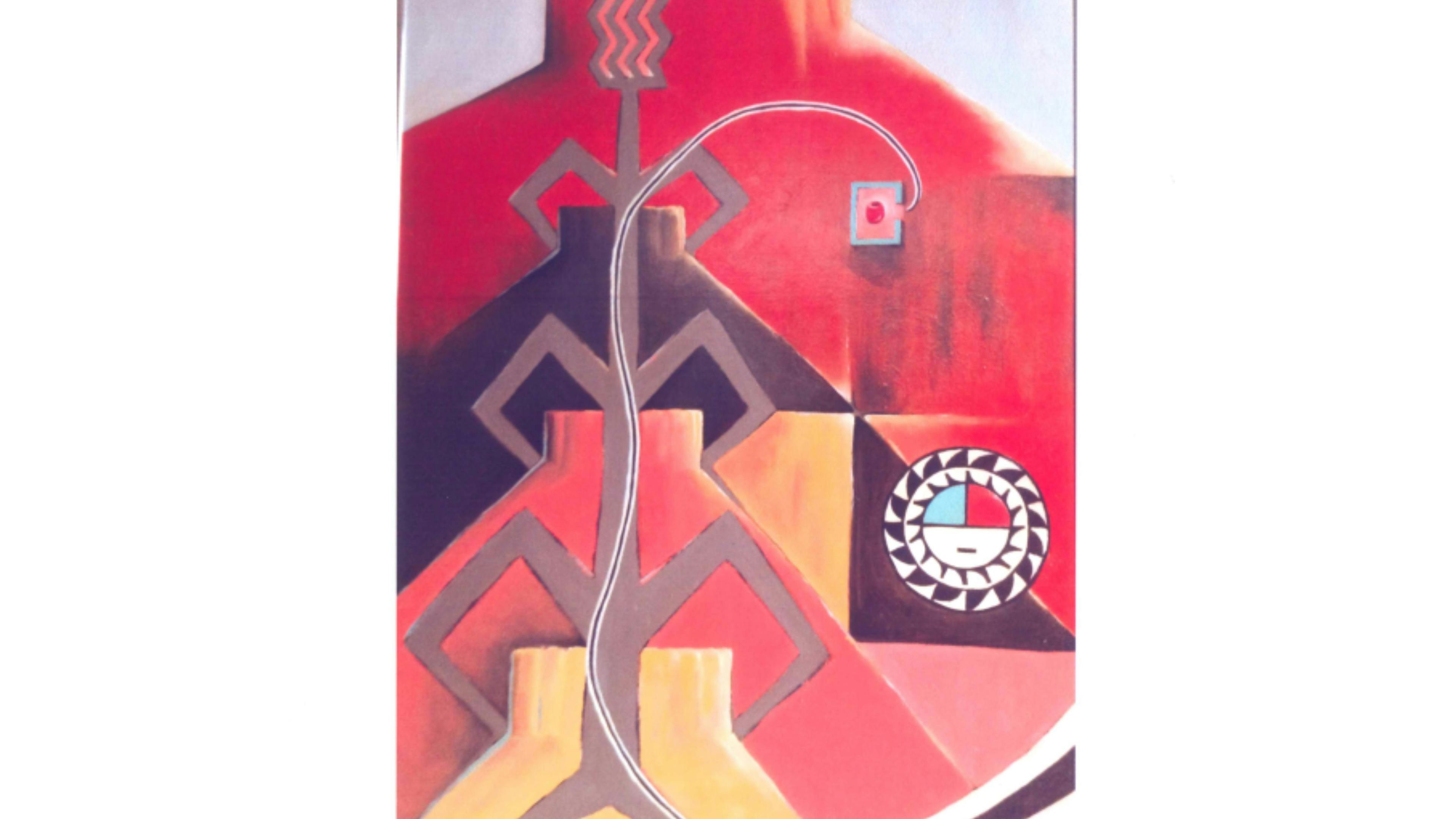 This southwestern corn scene has lots of reds, oranges, yellows and black, all depicted in the form of an abstracted cornstalk. Within this image is a road that leads from the red bead in the small turquoise box onto the next painting, passing by the zuni sun symbol.
