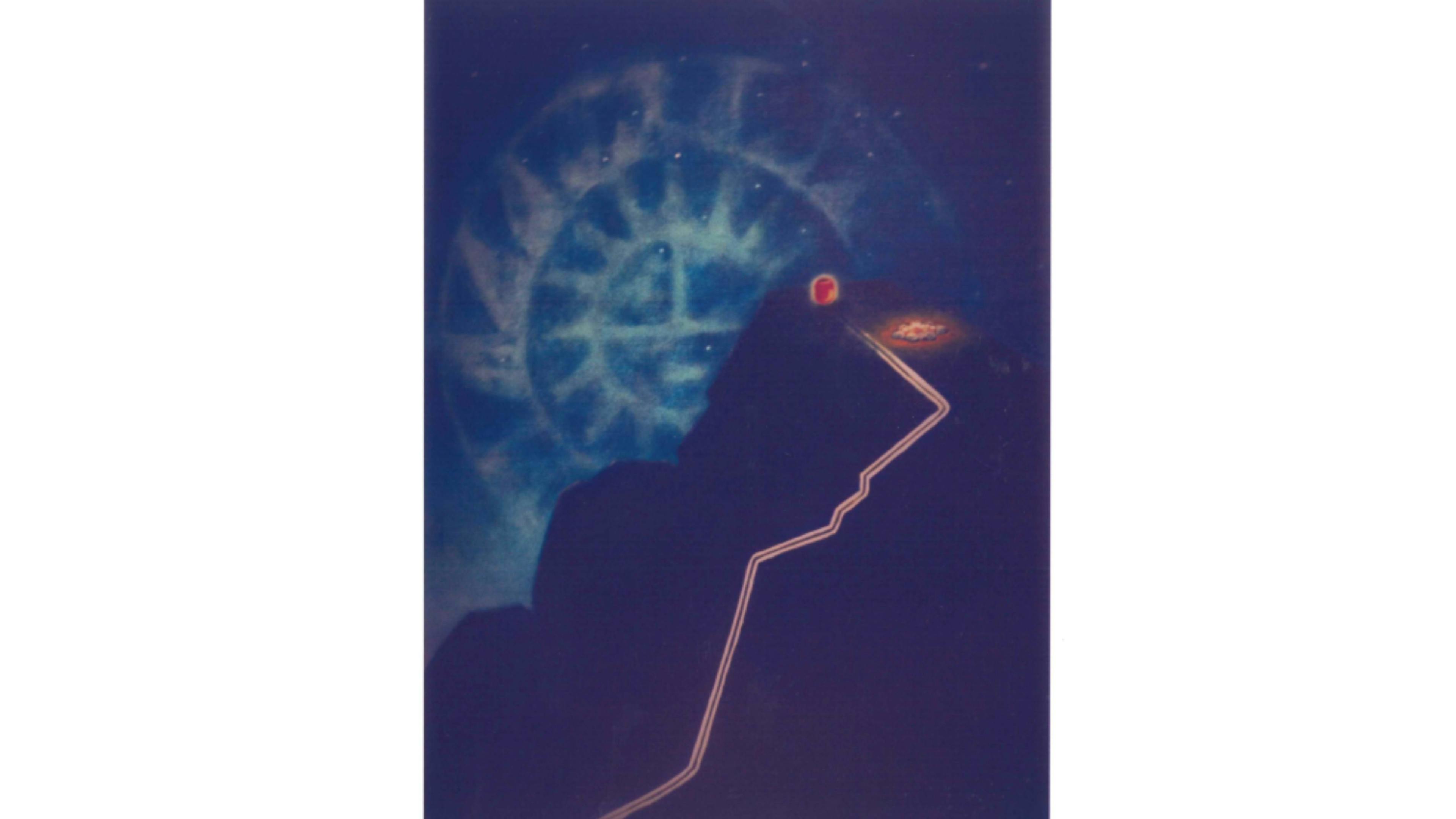 Red beads path that leads to the top of a night mountain scene with a faint zuni sun symbol among the stars. 