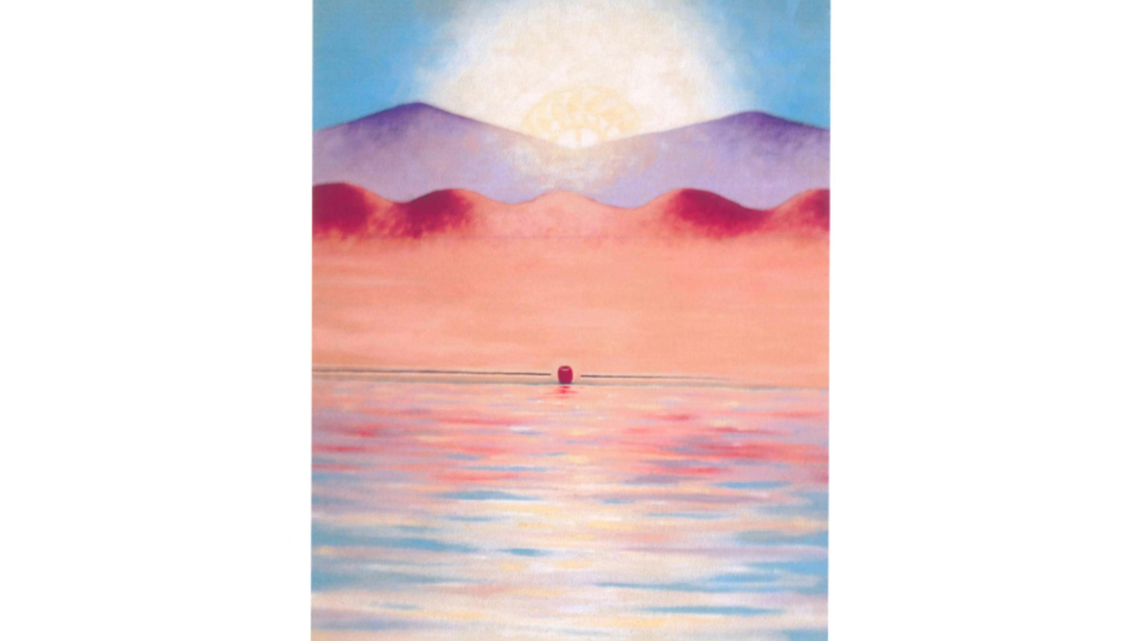 Peaceful and warm southwestern scene with calm blue and pink waters, with red and purple mountains and a bright sun with a blue sky. Along the horizon the red bead sits with the path slowly coming to taper into nothing. 