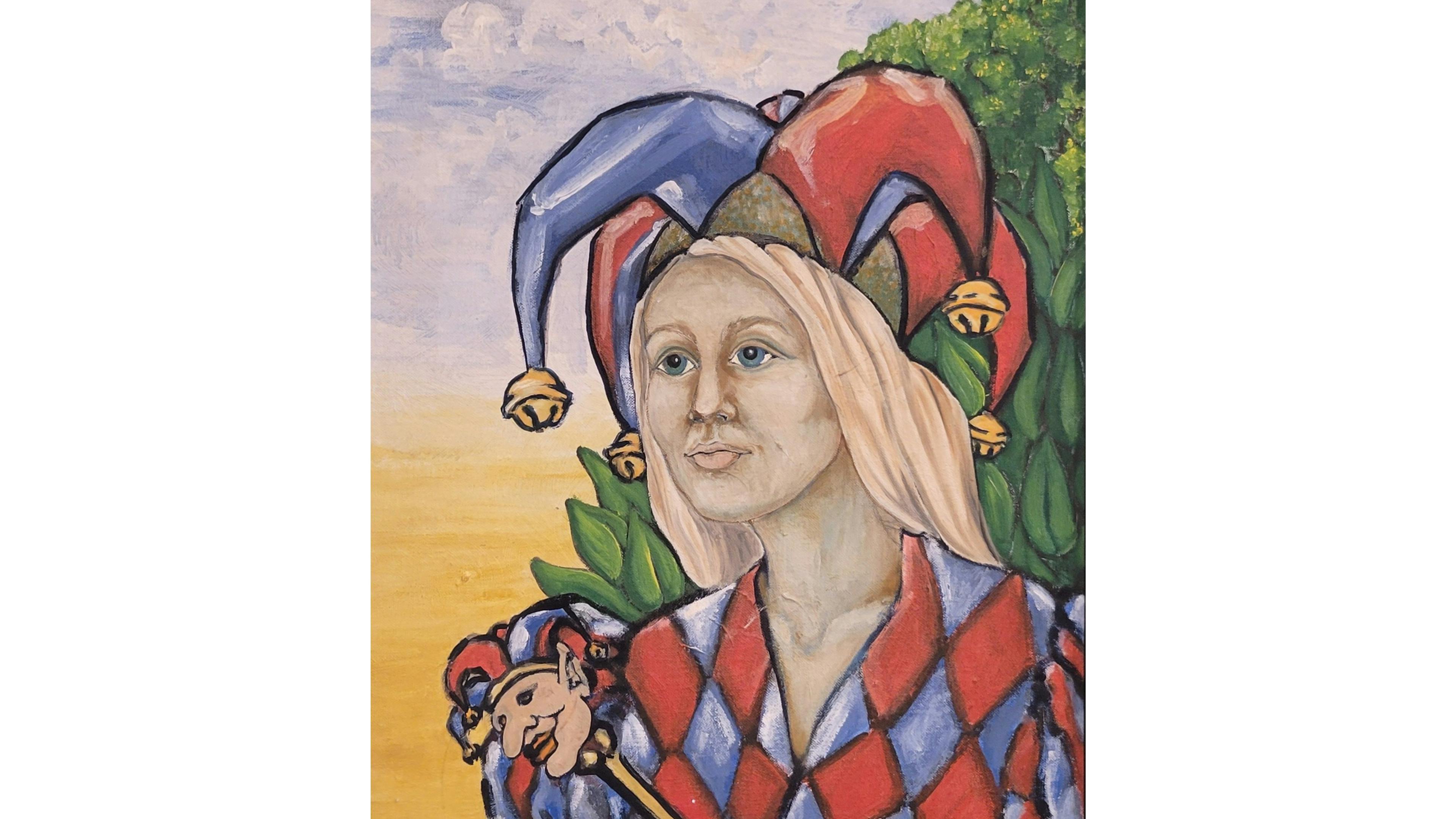 Portrait of a woman depicted as a jester with a jester hat and matching shirt with red and blue diamonds, gold bells, and a matching miniature jester head. 