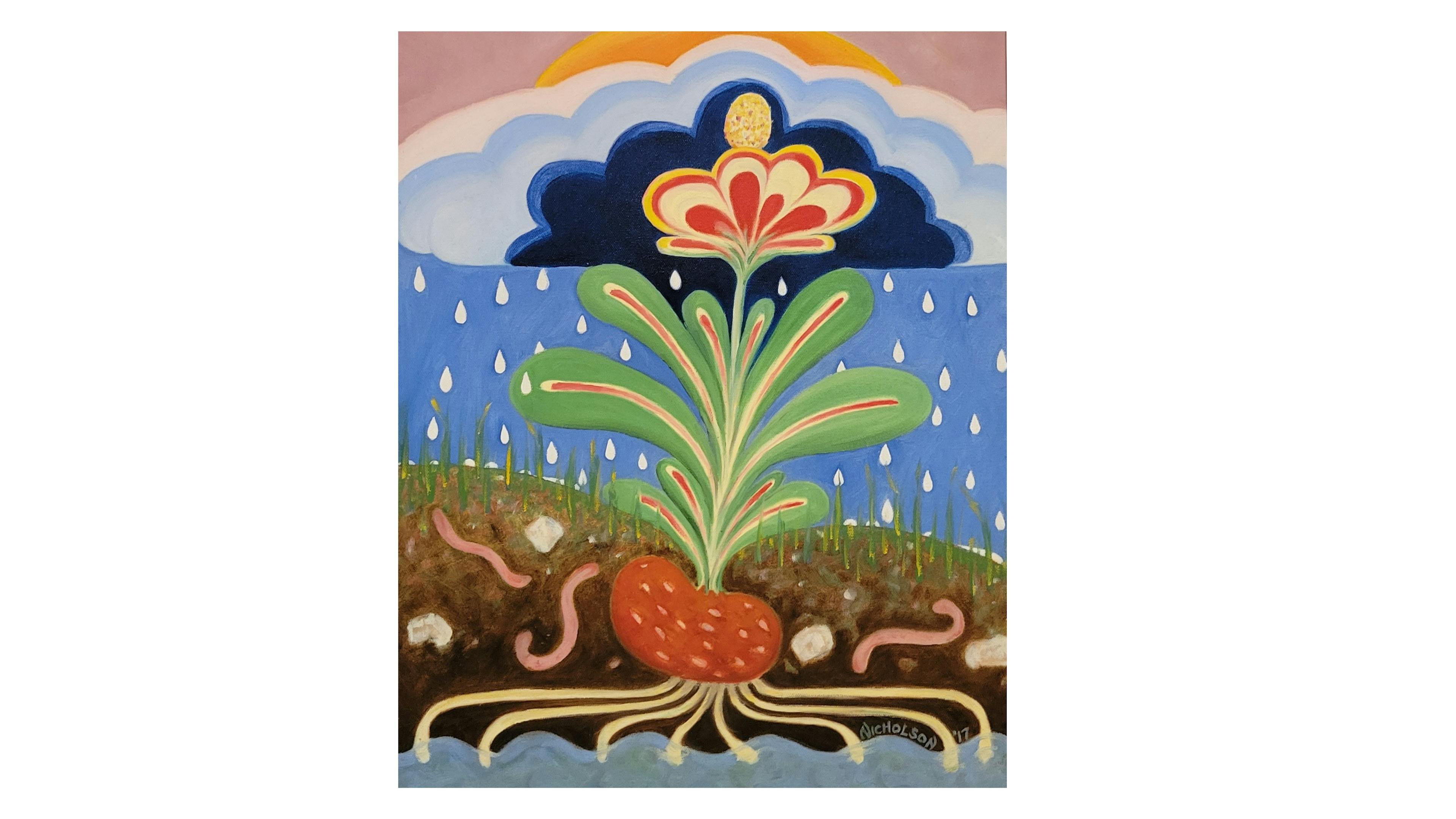 Depicts a vibrant scene with a head in the sky, roots in soil and water, falling rain, and a cloud-haloed bloom. Elements like grass, stones, and pink worms are nestled in the soil, using primarily primary colors with minimal mixing technique.