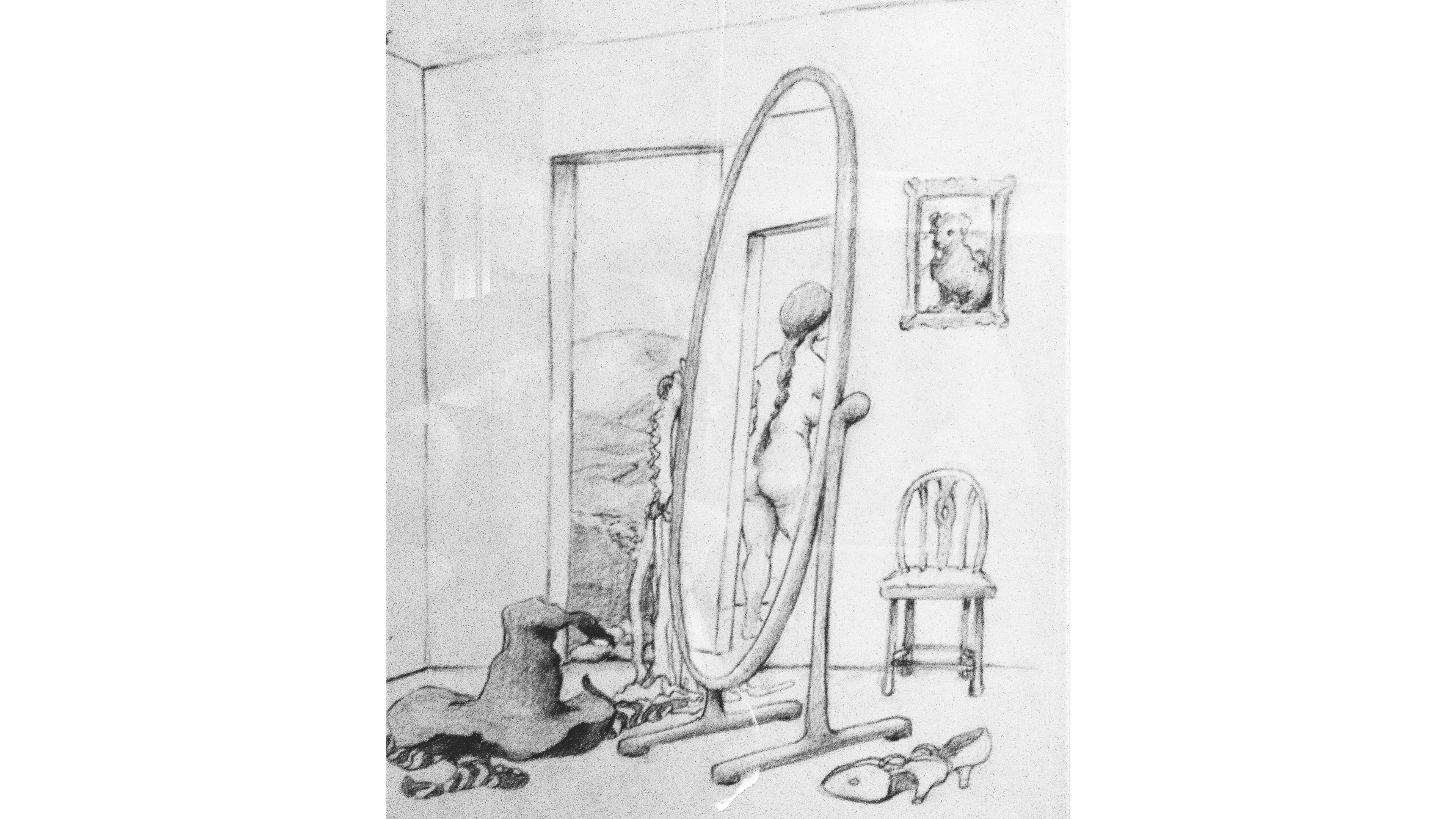 Interior scene with mirror that hints at view of naked and chubbier Dorothy, who also seems to be contemplating herself in another mirror, questioning her identity as the witches hat, the ruby slippers and the striped socks lay on the foreground and a picture of Toto on the wall. 