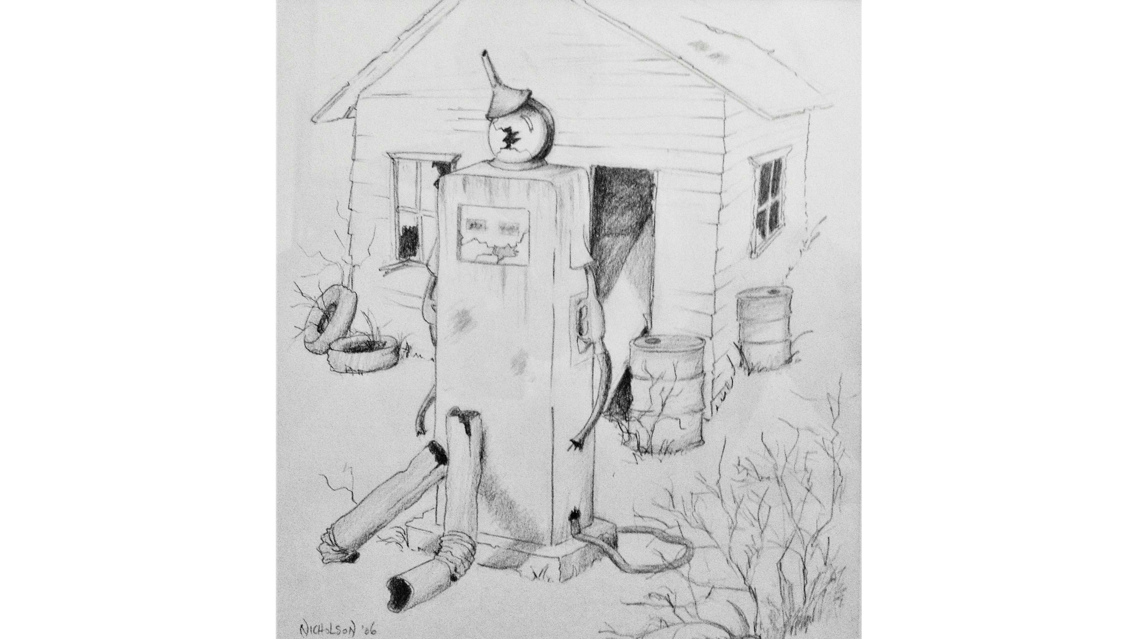 A sketch depicting the tin man who has become a derelict gas pump that remains abandoned and wasting away in front of its gas station counter parts, with weeds, old oil barrels and retired tires.