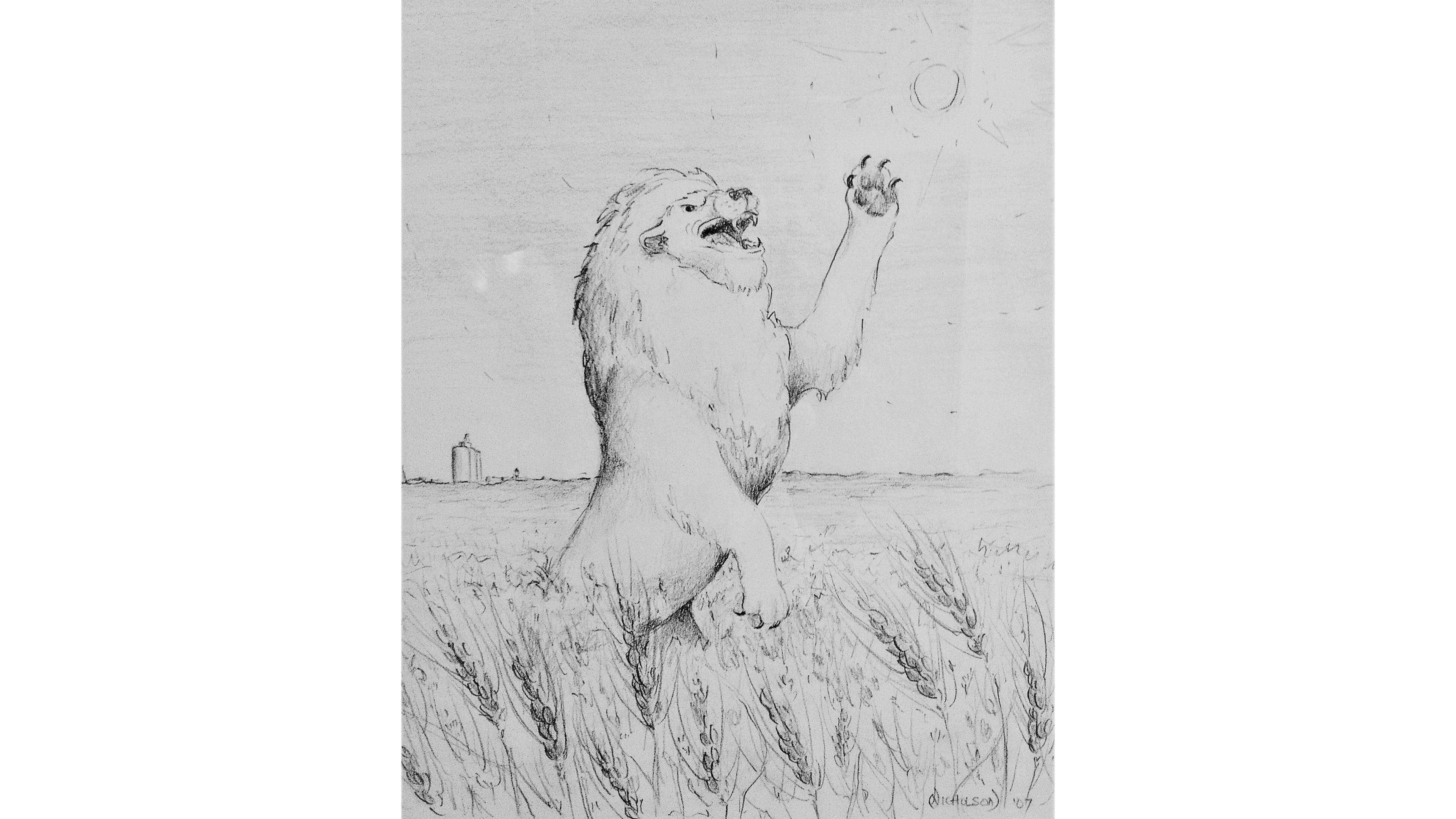 This sketch depicts a lion in the foreground of Kansas wheatfield, with a diminishing sun and tiny grain town far away in the distance.