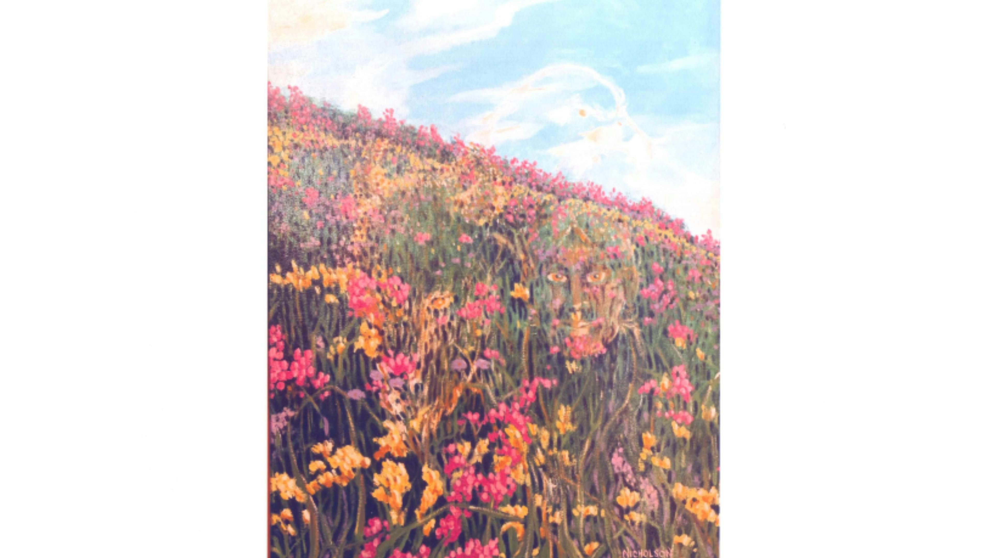 Meadow landscape with pink and orange flowers, a bright blue sky, and three hidden objects.