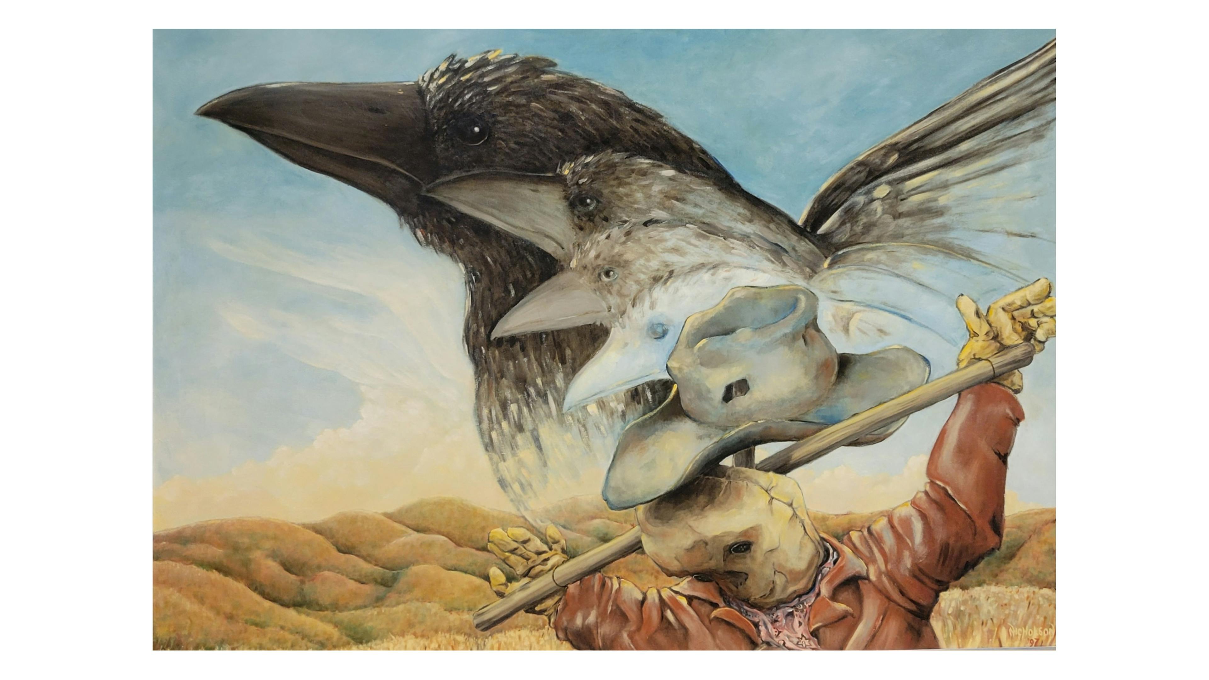 Oil painting depicting a symbolic transformation scene from 'The Wizard of Oz.' In the foreground, a lifeless scarecrow undergoes stages of metamorphosis, transitioning into a crow. The sequence progresses from a reddish-brown scarecrow to a translucent crow and finally to a fully realized black crow. The backdrop features a serene light blue sky and distant desert mountains, contributing to the scene's evocative atmosphere.