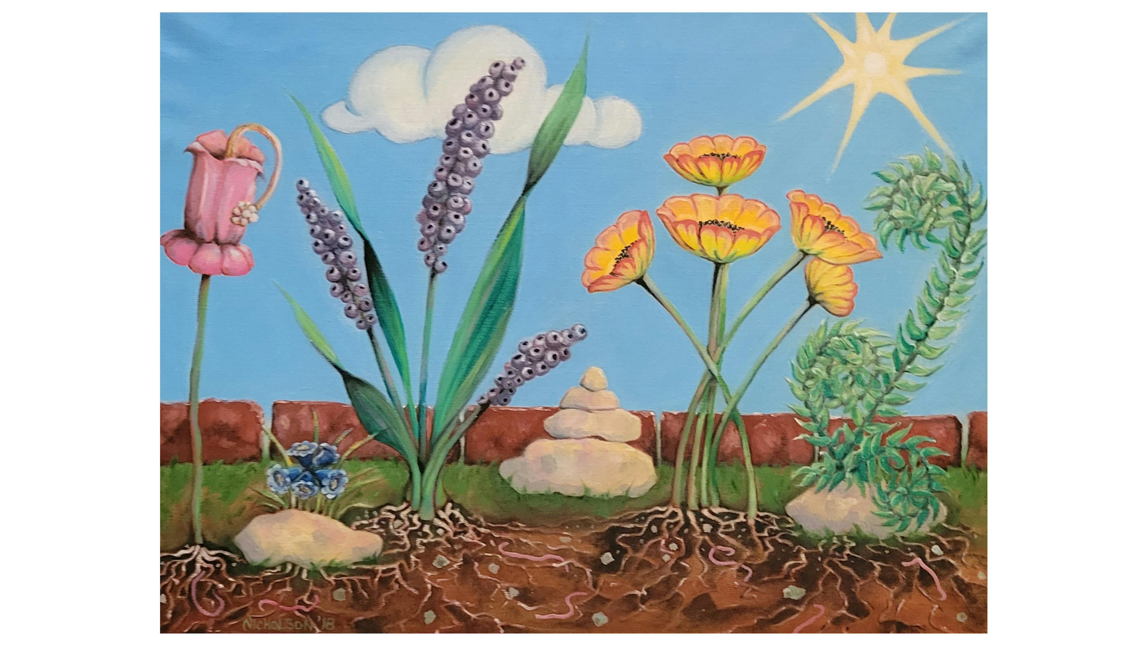 Oil Painting featuring a garden scene with stylized flowers in pink, blue, purple, and orangish yellow reach the sky, while stones, worms, and roots interweave below. A mix of color blending is prominent in this whimsical creation.