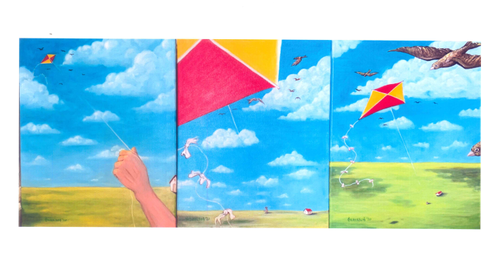 This tryptic painting depicts three Kansas scenes with bright blue sky white fluffy clouds and green grass. Each has its own perspective of an orange and red kite. First is from the perspective of the kite bearer, the second is the perspective of the kite, and the third form a birds eye view way above the kite and the human.  