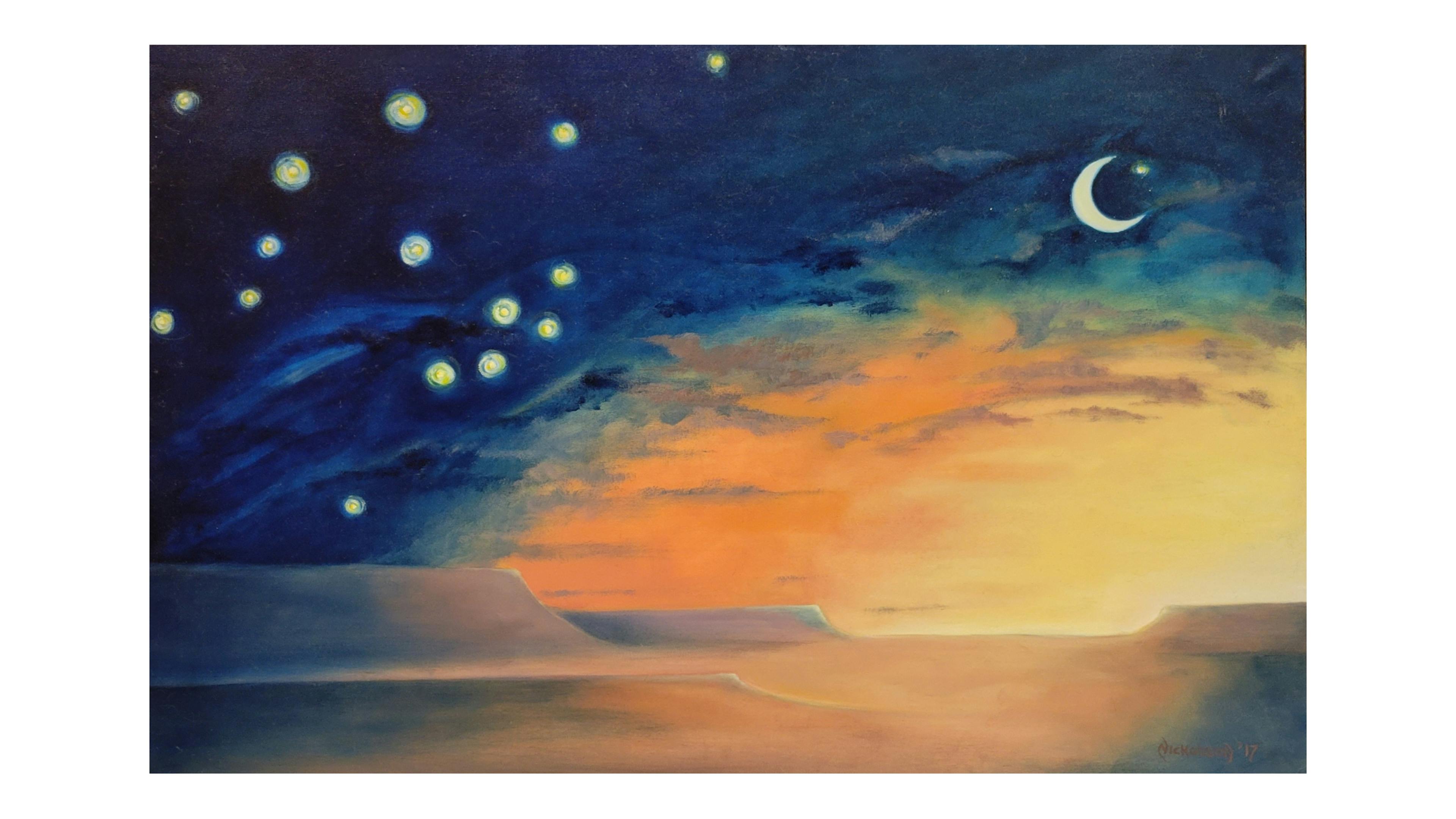 This painting depicts a southwestern night scene with a yellow diminishing sunset, a cresent moon and the start of the revealing of the night stars. Deeper into the painting reveals a night horse, with a star for an eye, the crescent moon for a jawbone and a light outline of galloping legs and a tail.
