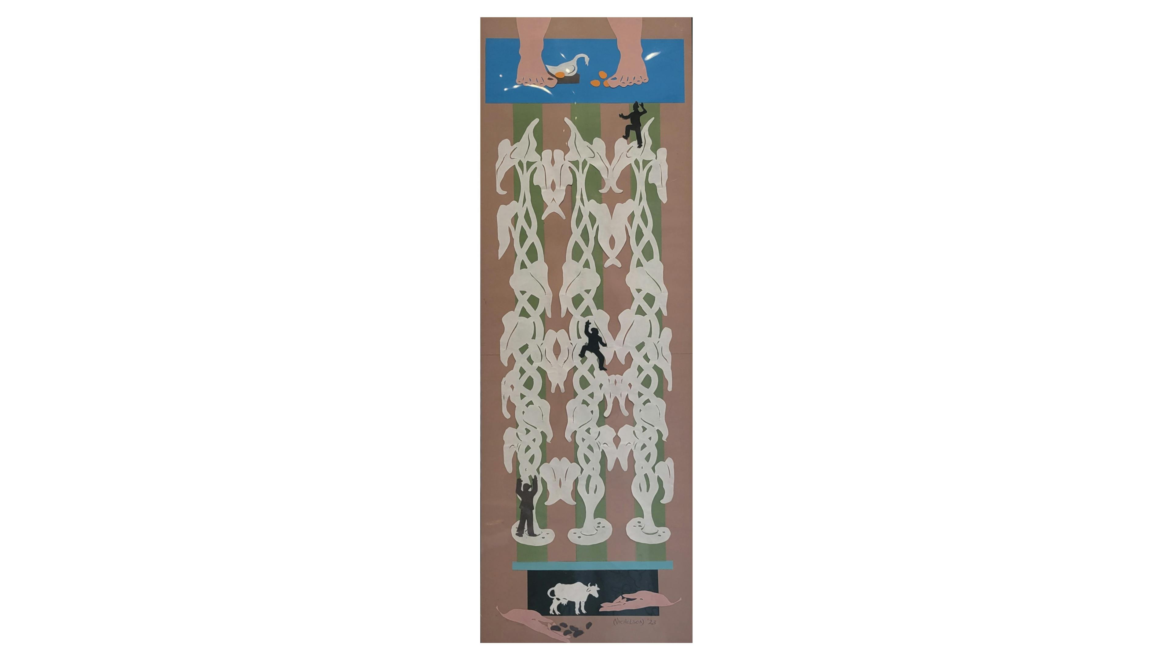 Paper cutting depicts Jack trading the family ox for magic beans, Jack climbing the beanstalk, and Jack reaching the top to find the giant, the goose and the golden egg. This paper cutting uses brown, tan, black, white, green and sky blue papers. 